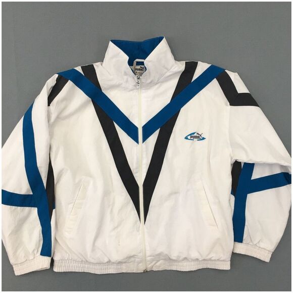 Vintage Puma Windbreaker Jacket‎ Mens Size L White Black Blue Full Zip 90s Lined - Picture 1 of 8
